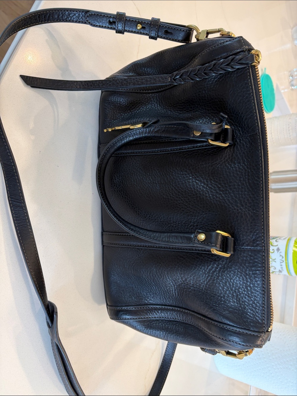 Fossil Black Pebbled Leather Satchel with Gold Hardware
